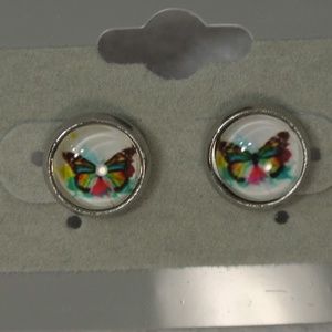 Glass Bubble Button Earrings - Butterfly